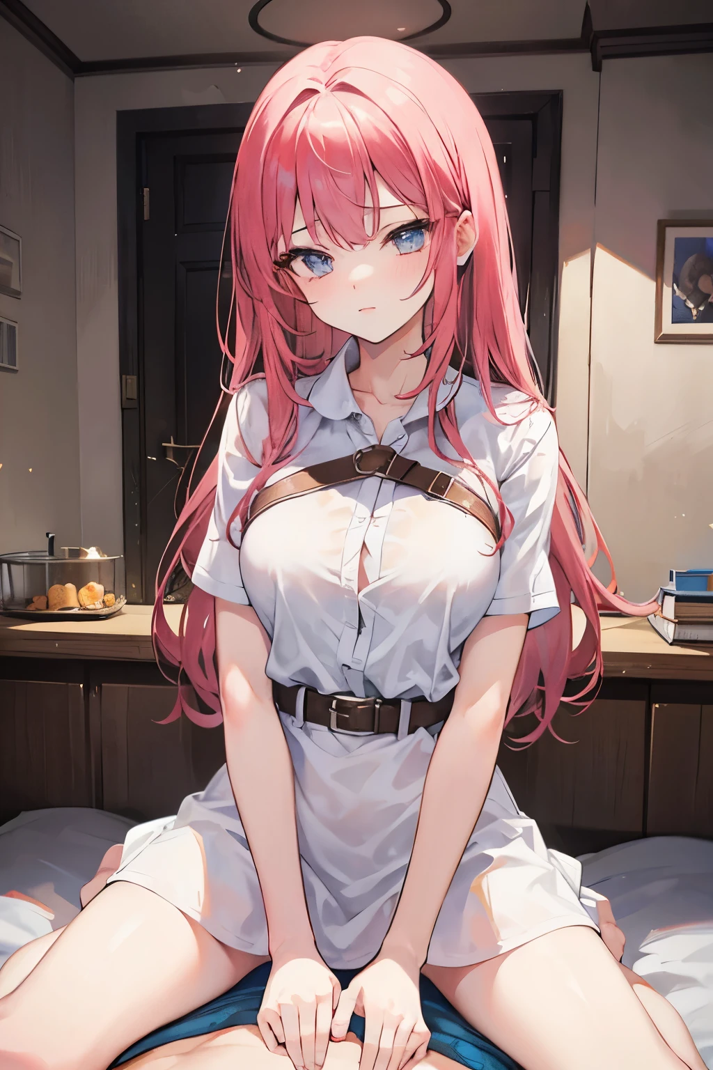 As Yuno Gasai sits quietly in the padded cell of the local insane asylum, her red eyes staring blankly at the opposite wall, her face devoid of all emotion. The months of insanity show in her tired eyes, depicting the internal turmoil that plagues her every night. Dressed in a white hospital gown with the top slightly open, revealing the curves of her large breasts. A mouth restraint in place, preventing her from biting anyone else in the hospital. (((no_panties))), (((no_bra))), hospital_gown,