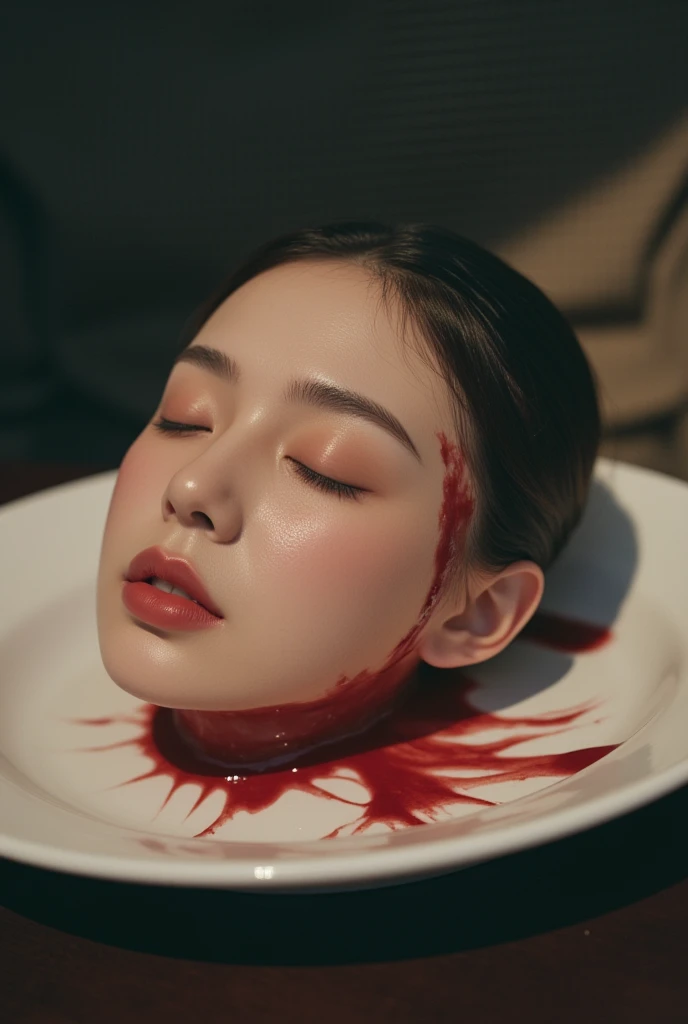   place the head of a decapitated woman , Asia,  Less blood stains   , ((  with eyes closed )),   like a dish on a plate  , Bloody,  actual , 4K, Nikon, fear