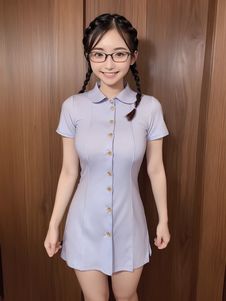 (masterpiece:1.3)、(Highest quality:1.3)、(8K:1.3)、(Very detailed:1.3)、(Realistic:1.3)、(very precise picture)、(Very accurate outfit)、girl、alone、Realistic、View your viewers、Black Hair、Glasses、Simple Background、(smile)、Big Breasts、Slender、whole body、One-piece dress with buttons and collar、Thin and beautiful legs、See-through and sleeveless