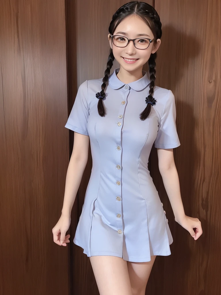 masterpiece、Highest quality、8K、girl、alone、Realistic、View your viewers、Black Hair、Glasses、Simple Background、smile、Big Breasts、whole body、One-piece dress with buttons and collar、Slender、Thin and beautiful legs、 the bed、Erect nipples