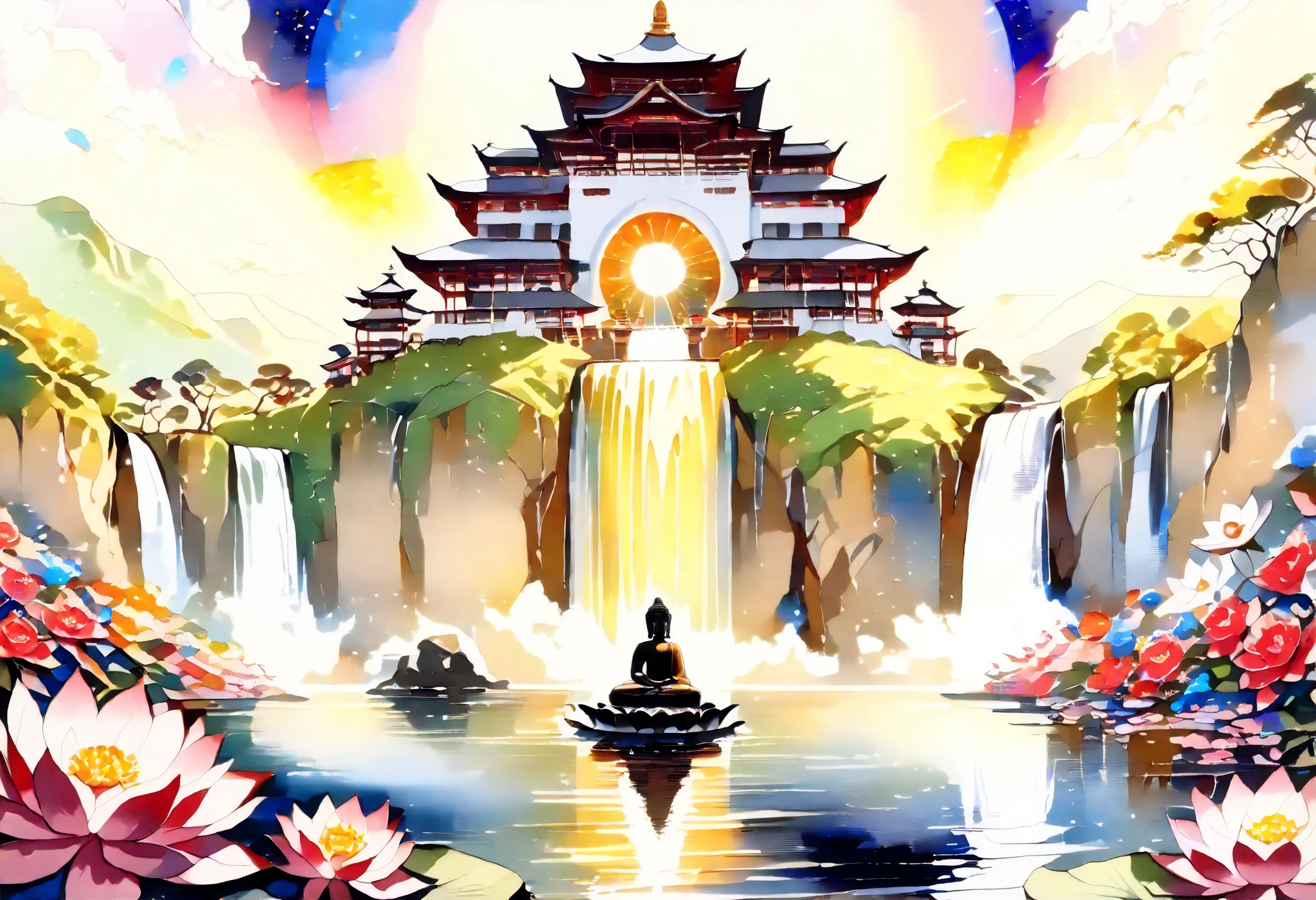 ((( exquisite watercolor painting depicting the beautiful landscape surrounding Buddha))),(((Soul Love ))),(( best quality ,masterpiece:1.5)),((Dazzling light)),((The sacred waterfront )),((Waterfall flowing from a cliff )),(( bluish all over )),( Large Coloured Photons :1.5),( Splendid flowers in the foreground ),( pearl white ),( perfect anatomy),( Ultra High Quality),( detailed background),( Artwork),( shining flowers ),(Great harmony ),(The 々 creatures you depict are beautiful),Desaturated:1.1, rich color palette , Beautiful dreamy lighting , anime style,Beautiful waterside ,truth,joy,thank you,comfortable,fair,Elegance,Polite , true strength , full of vitality ,altruism,Beautiful,clean, Soft ,Here and now , Forget Time ,Unadorned ,fun,continuation,Cute Animals,Dome-shaped roof 