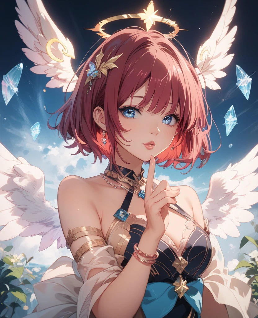  beautiful faces ,  dress up in fantasy ,  casual jewelry such as delicate bracelets with star charms、Delicate decoration、 pastel pink flowing shawl 、Short bob-like hair ,  maroon hair in the garden, I have a neon-glowing mystical card with a celestial design containing a crescent moon and a shining star、 4K resolution, 最 High Quality ,  In Front Of The Public , Masterpiece,  Crystal Blue Eyes , Broken  angel Halo,  angel&#39;６Wings、 High Quality , 