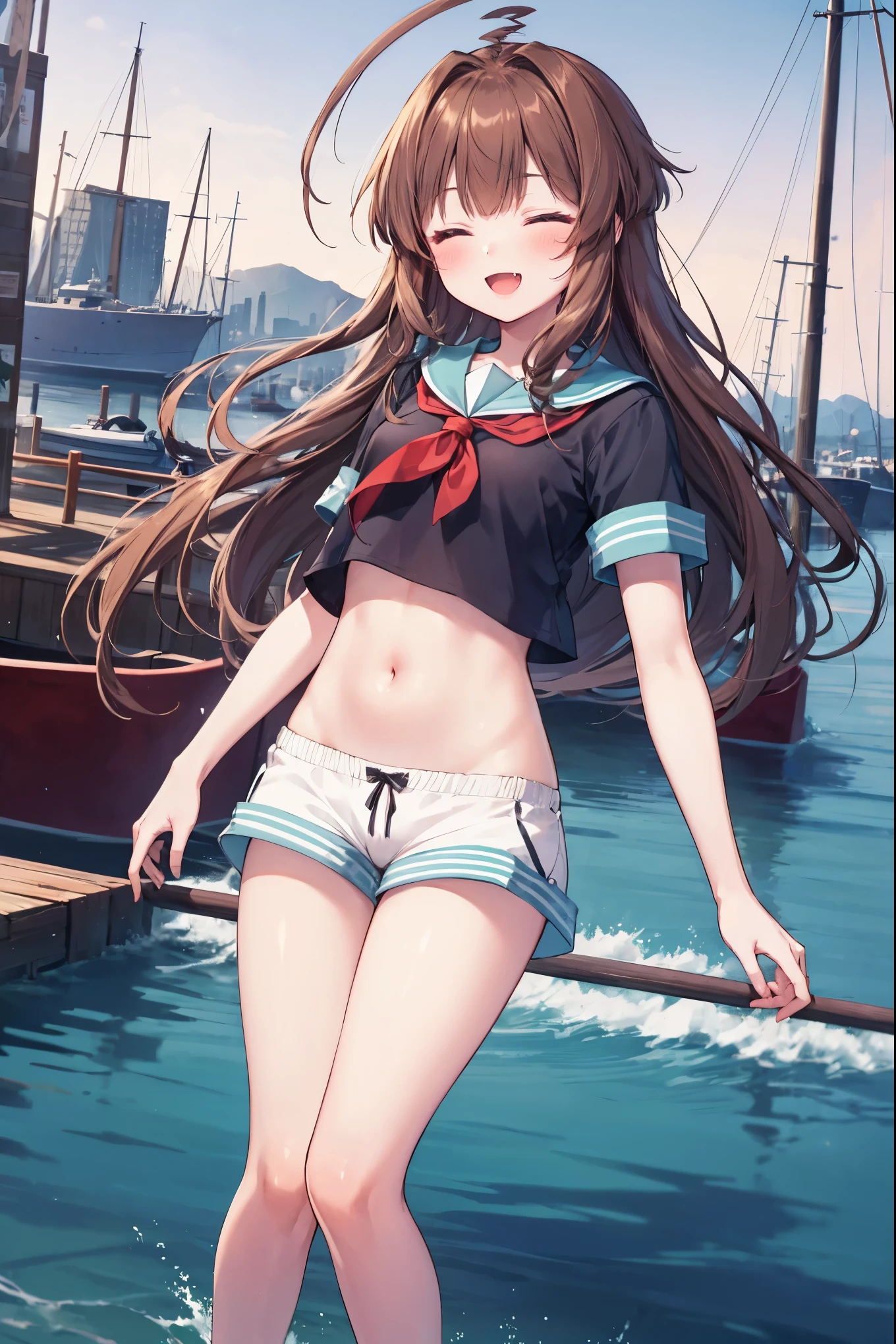 masterpiece, best quality, integrated scenery, integrated background, extremely delicate and beautiful, meticulous details, good composition, , cute face, perfect face, 1ung_tegirl, brown_hair, long_hair, sailor_uniform,white_ baggy_shorts, short_sleeve, thighs, small_breasts, big_smile, open_mouth, standing, harbor_background, slightly_spread_legs, happiness, covered_crotch,ahoge,XD,exciting,fang,closed_eyes,XD, glimpse_of_navel