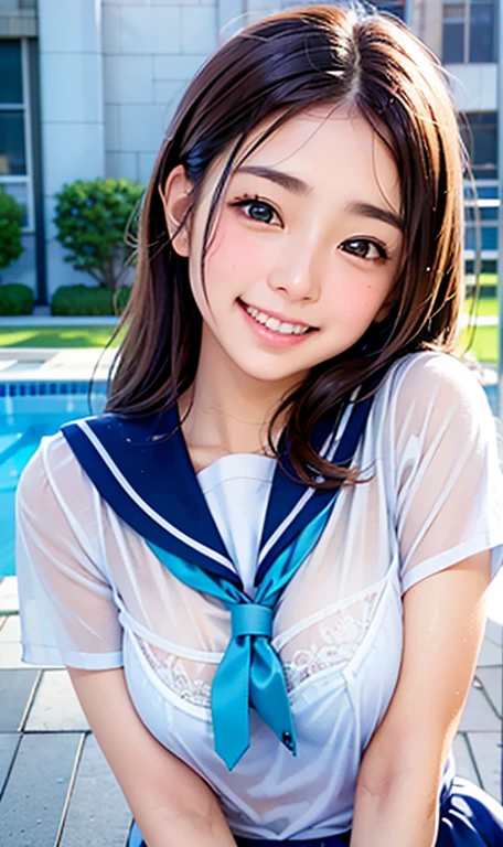 (((32ｋ,high detal,high-detail、​masterpiece,Attention to detail,full body Esbian,Lori,独奏))),Raw photo & realistic atmosphere,beautiful dark blue eyes,Detailed mouth,Glossy lips,Detailed eyebrows,Eyes drawn in detail with soft white skin that shines in every detail、Very beautiful eyes with azure eyes,Detailed lips、Very beautiful face,Very well-formed face、Lifelike face,shiny beautiful lips,Beautiful eyebrows,Infinite reality,Japan High School Uniform Best Design, Realistic Young Gravure Idol,Very cute high school girl, , japanese girl school uniform, Japanese high school  girl , Young Sensual Gravure Idol, Young Gravure Idol, Beautiful and cute１7  old schoolgirl,the whole body is wet,dripped out,with a flushed face,Tremendously beautiful１7-year girl,natural soft light、The body is dripping wet,Sheer clothing,Brown shiny hair,Hair is wet,Dripping water,dripping,（I'm not wearing a skirt,bare-legged,,Wet and see-through white short sleeve shirt,summer clothing,Beautiful kind eyes,Looking at the camera：1.2）,(((Soft body,youthfulness,swimming pools,Sit up,Beautiful smooth legs,Exposed thighs,Gentle smile,well-shaped breasts,,Immature body,Sexy Uniforms,short-cut,The chest is open))),（Shots from the air,From directly above,Supine：1.5）