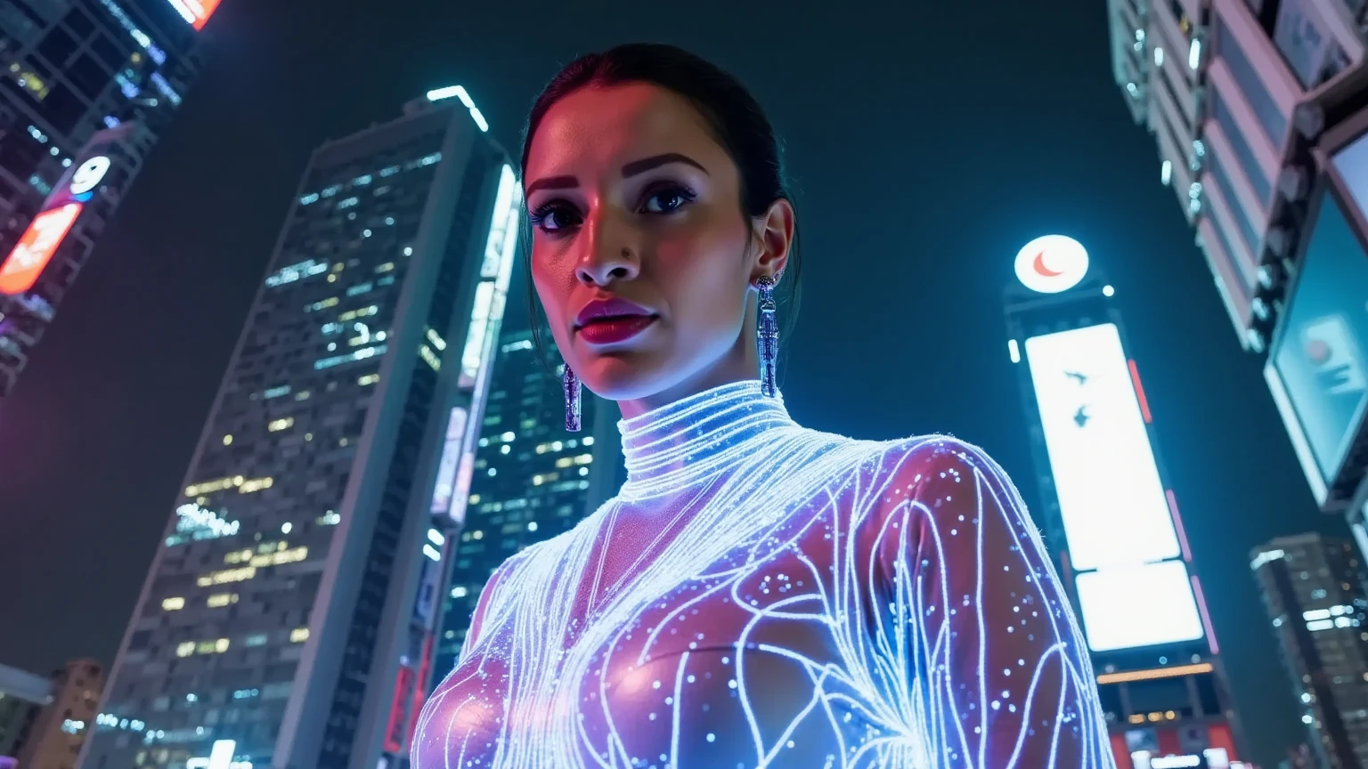 A striking low-angle photograph looking up from the ground at Alex, a 28-year-old dark-haired tomboy young woman, wearing a tight pink top, short overalls and dark lipstick, as she runs through the scene. An electrical junction box on a building wall above her in the upper-left corner of the image explodes in blue sparks. Neon lights and holographic advertisements on the cityscape above and behind her convey the gritty cyberpunk megalopolis setting., photo