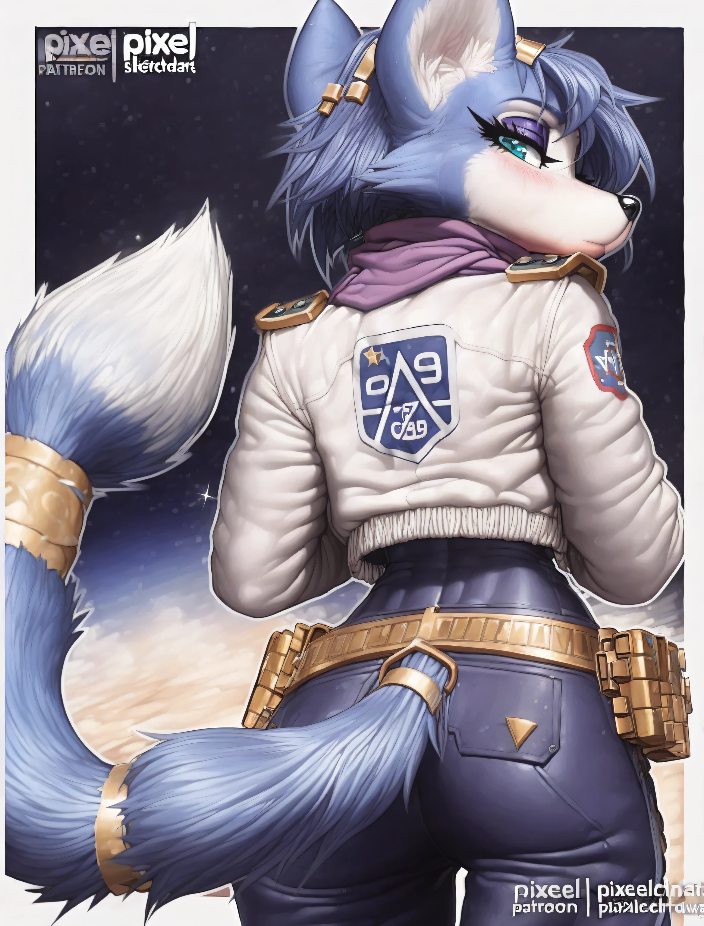 ((Krystal)), ((Starfox)), ((pixelsketcher)), ((wamudraws)), ((masterpiece)), ((high resolution)), ((cartoon style)), ((solo portrait)) ((back view)), {(attractive figure), (toned body), (slim waist), (hip dips), (blue fur), (black nose), (pointed fox ears), (fox tail), (gold tail rings), (blue hair), (hair accessories), (turquoise eyes), (half lidded eyes), (indigo eyeshadow), (long eyelashes), (calm look)}, {(navy blue jumpsuit), (white jacket with star fox logo), (navy blue pants), (purple scarf), (utility belt)}, {(looking nba k at viewer)}, ((military base))