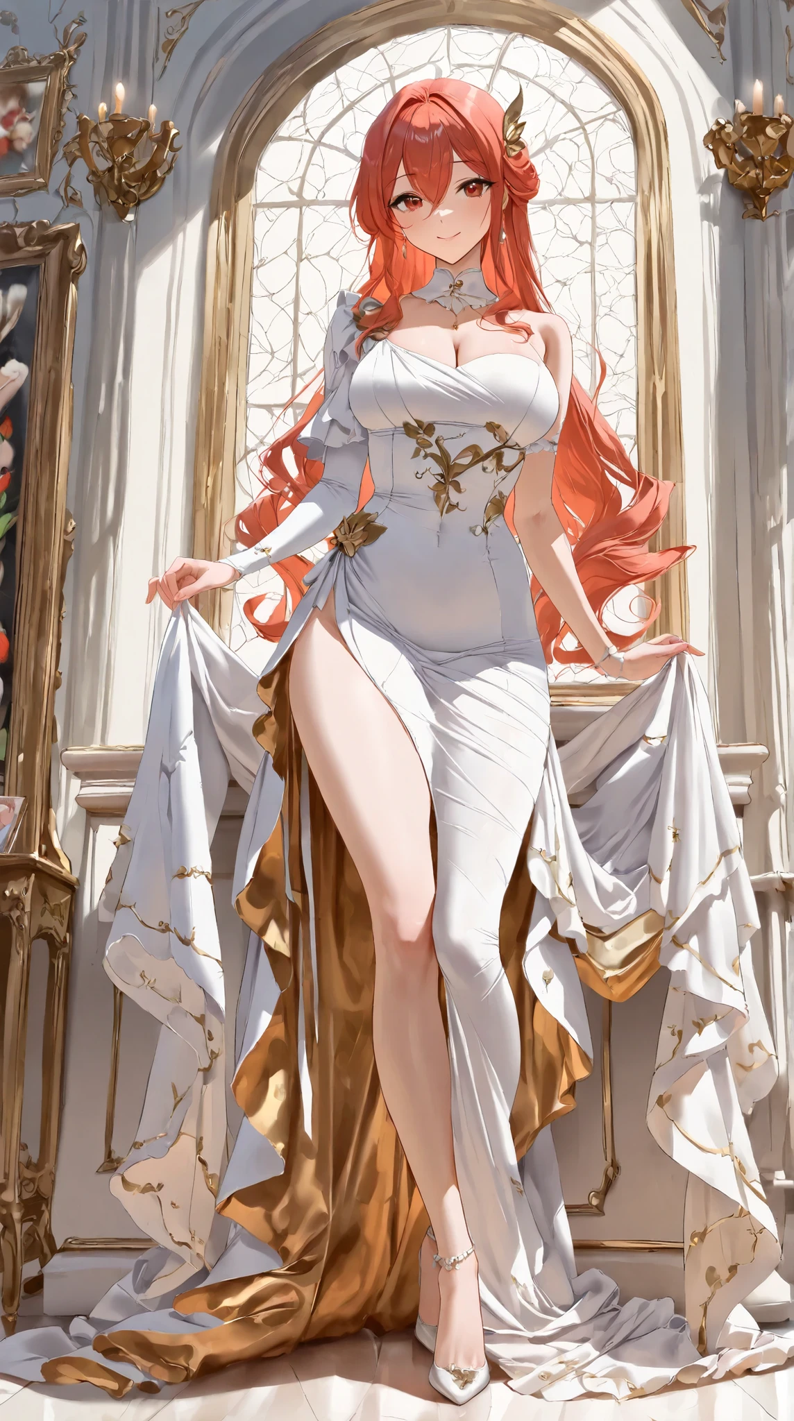 (( best quality )),( ultra high definition),( more details),( detailed explanation ),(( best CG )),( BEST WORK OF ART ), Ultra Precision Art, amazing painting art,(Exquisite art:1.5), woman, Asymmetrical Dress, Splendid, beauty, smile