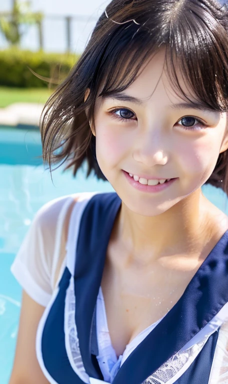 Lens: 135mm f1.8, (top quality), (beautiful Japanese girl), (moisturized lips), narrow eyes, double eyelids, delicate collarbone, flat chest, smile, (spotted Sunlight: Not 1.2), Professional lighting, (Small figure), (Tanned skin: 0.2), Full body photo, Full body focus, (Kneeling), Neat honor student, Gradual body, (School uniform: 1.5), Boyish Super short hair, all hair swept back, ponytail, sunny summer sandy beach, very, very small breasts, undeveloped breasts, very cute, very young, lower body in underwear