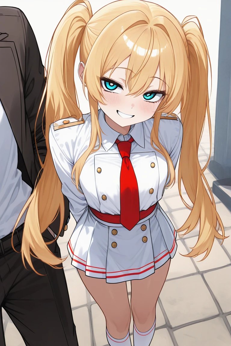 Blonde hair, femaleboy, twintail long hair, wearing white shirt and red tie, and short skirt with stocking socks. look at camera and cheerful smile. 