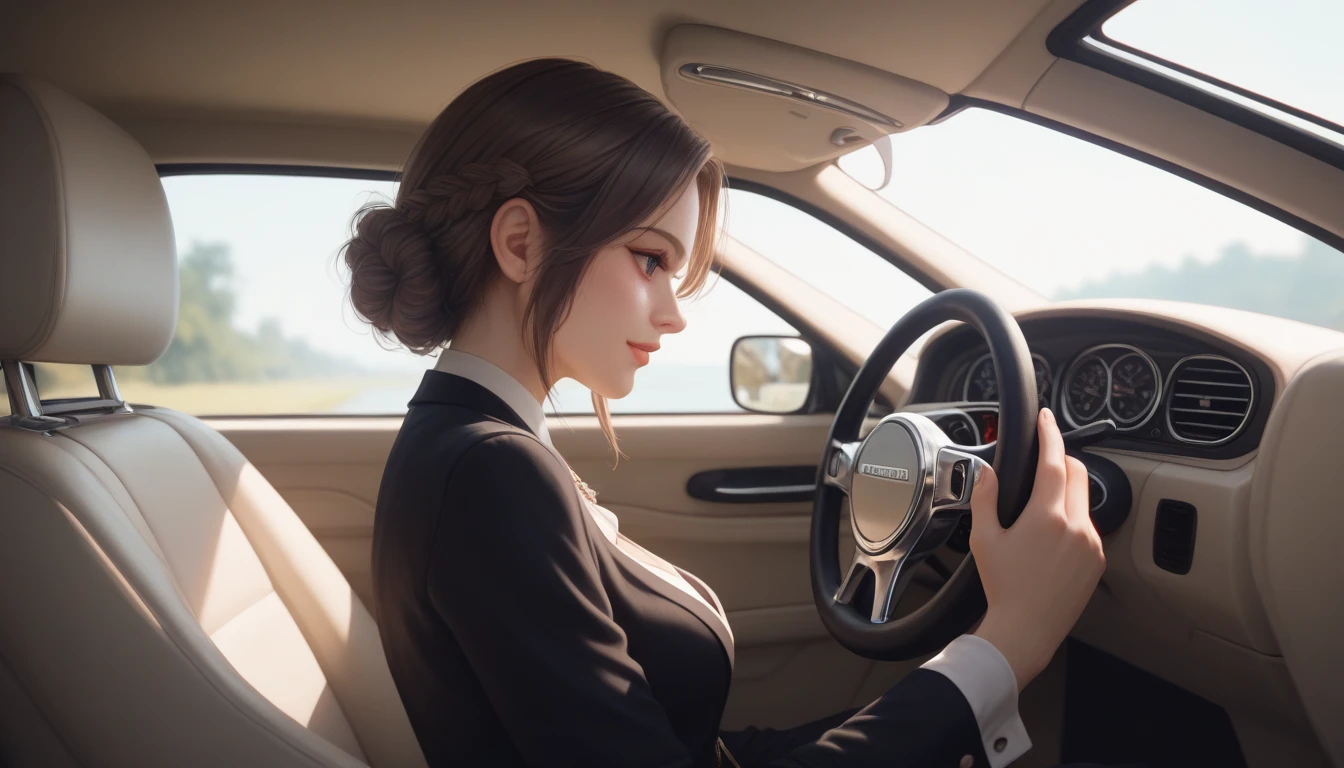 Perfect face, perfect anatomy, best quality, young woman 26 years old, pleasant and friendly, illustration of a woman med breast inside a standard car, viewed from a side angle. She is wearing an all-black outfit, looking composed and elegant, with both hands on the steering wheel. The background shows a quiet city in the early morning, with soft pastel skies of blue and pink. The focus is on her peaceful and calm expression, with gentle morning light filling the car."
