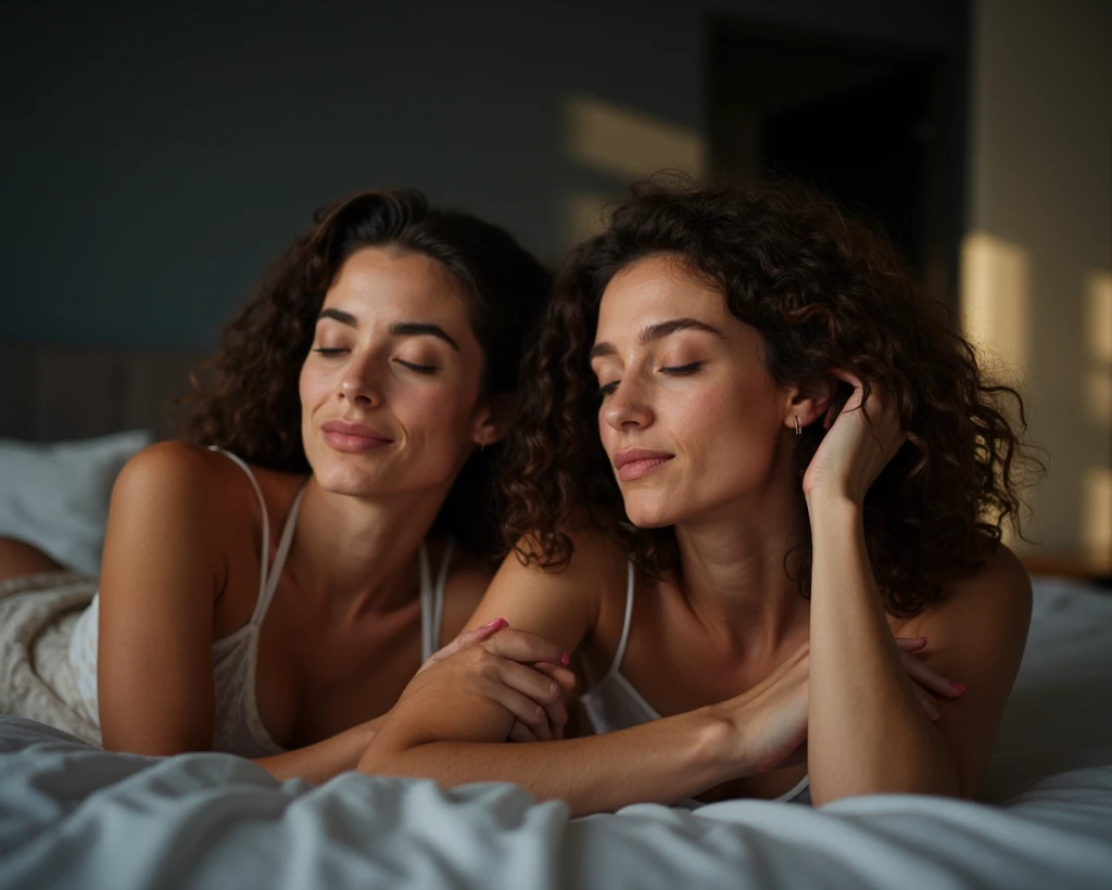 Two well-built European women. Closed eyes, They lie on the bed. Fun with plastic dildo. The background of the scene is the interior of a modern and fashionable dark gray bedroom illuminated by the light of the morning sun, which creates interesting light reflections and chiaroscuro. The bokeh effect adds charm to the whole, creating a specific atmosphere of intimacy and peace.