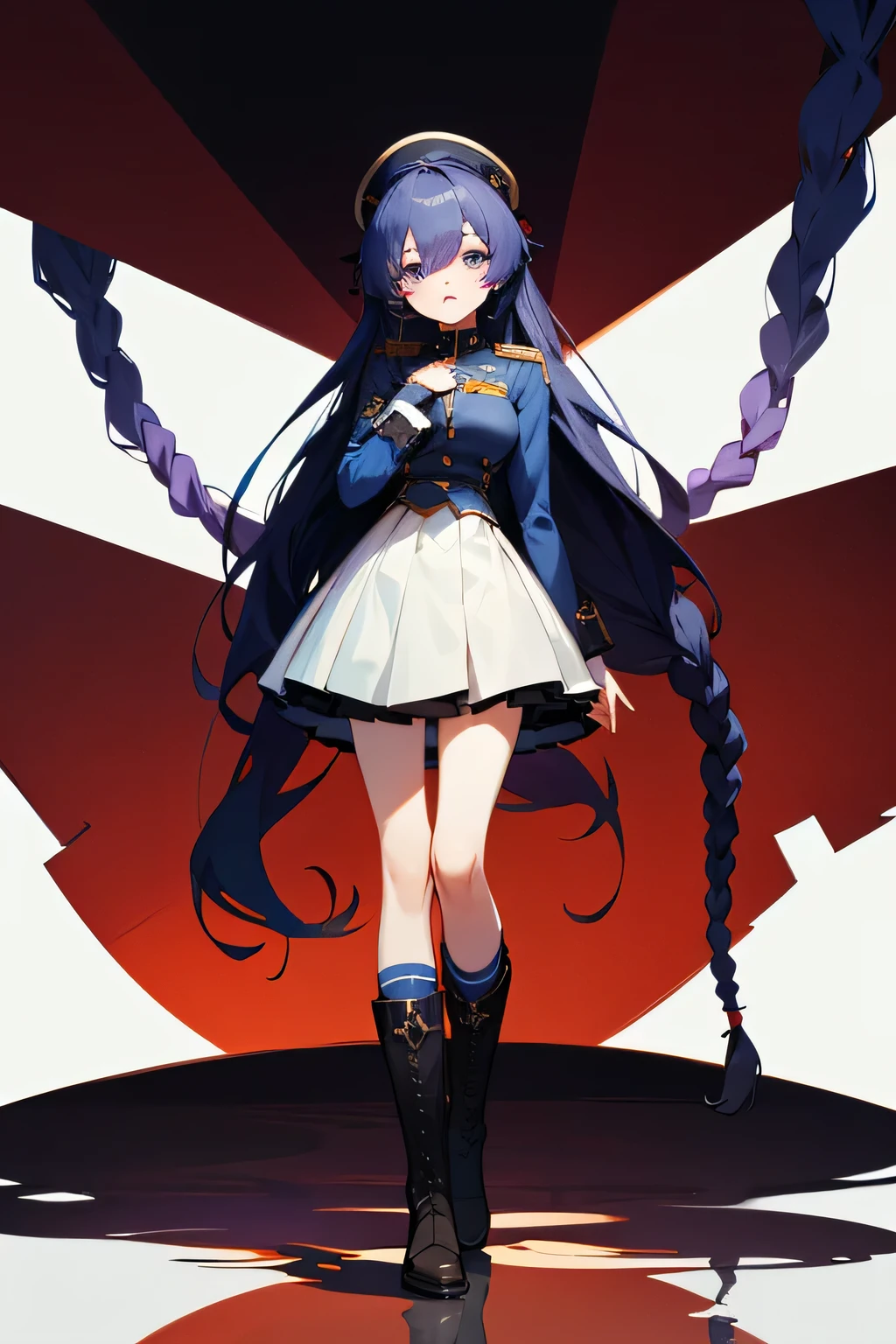 Girl with dark blue long hair 、 has slightly braided hair 、Eye color is purple、 has a mole under the eye  、 spoiled military uniform Lolita、whole body、 standing picture 、 wears boots on her legs 、 knee-high socks 