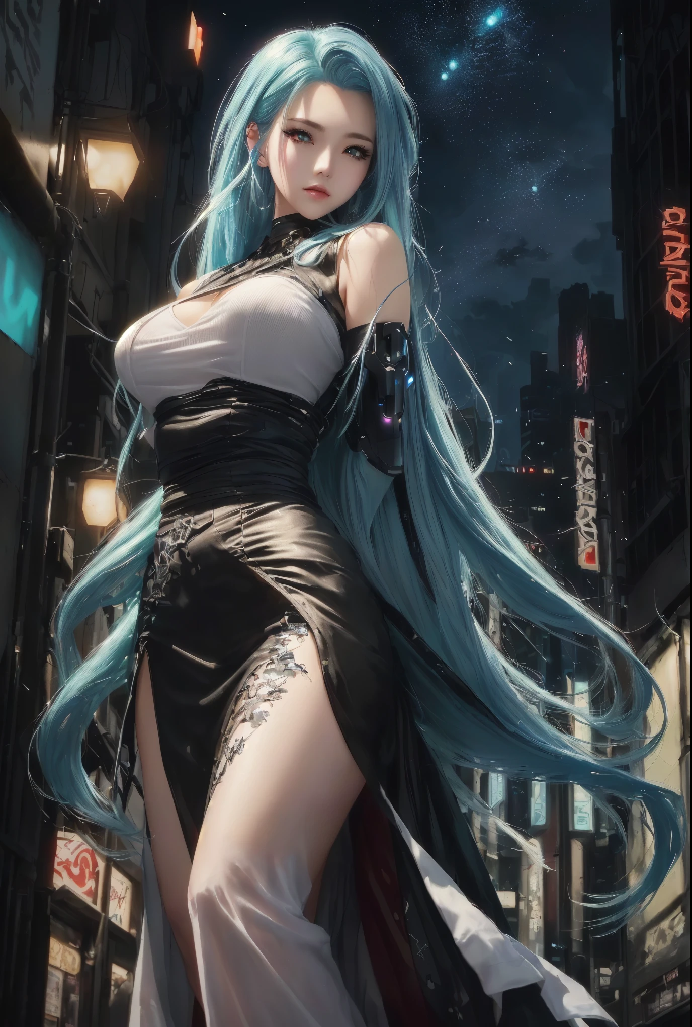 Hatsune Miku.(8k, best quality, masterpiece:1.2),1girl,hair ornament, portrait, (long loose silver revealing dress:1.1), necklace, blue nails,cute,cityscape, night, rain, wet, professional lighting, photon mapping, radiosity, physically-based rendering,(mature female:1.1), (intricate detailed , taut clothes, hair ornament :1.2),