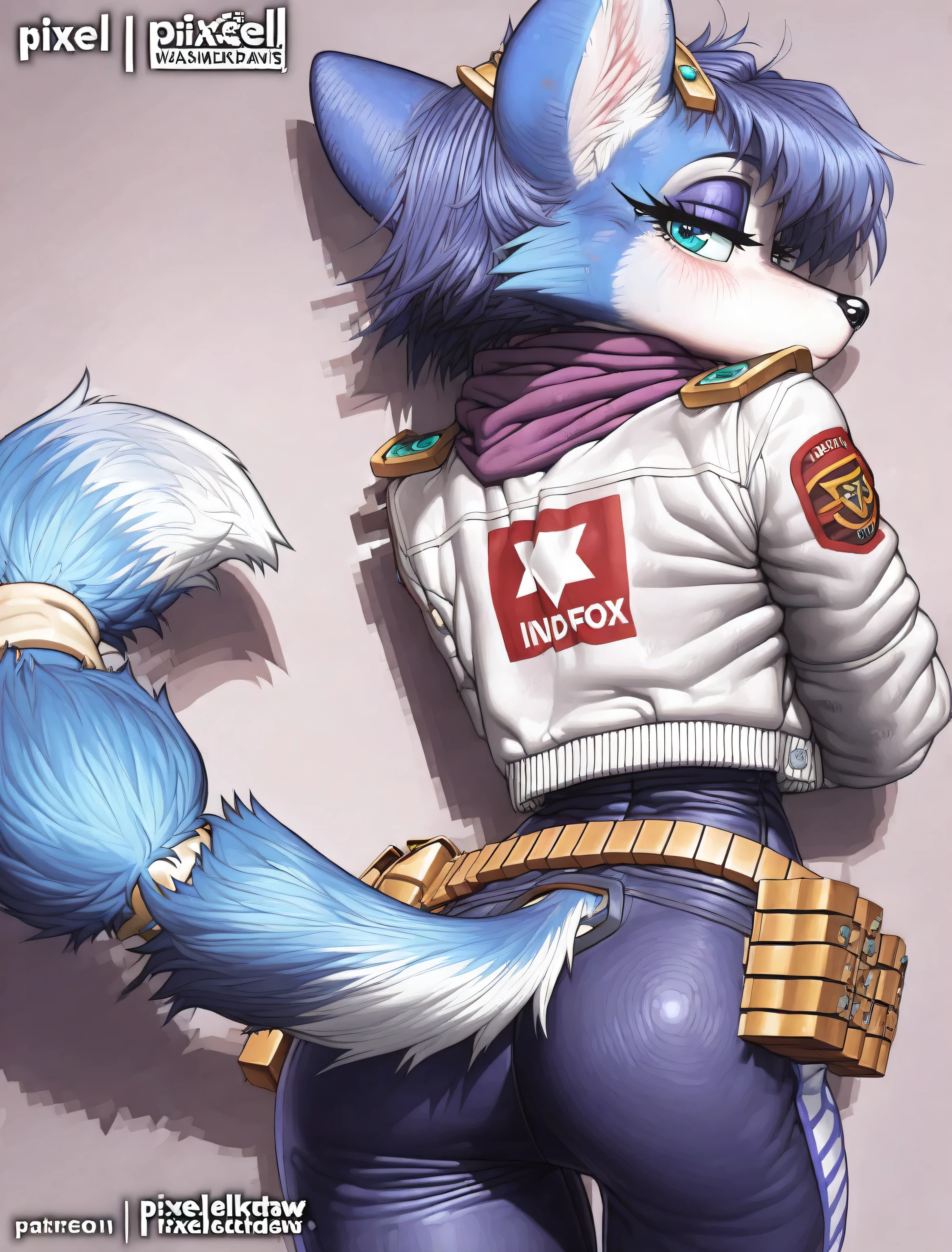 ((Krystal)), ((Starfox)), ((pixelsketcher)), ((wamudraws)), ((masterpiece)), ((high resolution)), ((cartoon style)), ((solo portrait)) ((back view)), {(attractive figure), (toned body), (slim waist), (hip dips), (blue fur), (black nose), (pointed fox ears), (fox tail), (gold tail rings), (blue hair), (hair accessories), (turquoise eyes), (half lidded eyes), (indigo eyeshadow), (long eyelashes), (calm look)}, {(navy blue jumpsuit), (white jacket with star fox logo), (navy blue pants), (purple scarf), (utility belt)}, {(looking nba k at viewer)}, ((military base))