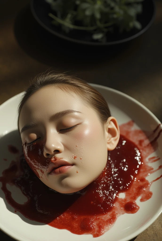   place the head of a decapitated woman , Asia,  Less blood stains   , ((  with eyes closed )),   like a dish on a plate  , Bloody,  actual , 4K, Nikon, fear