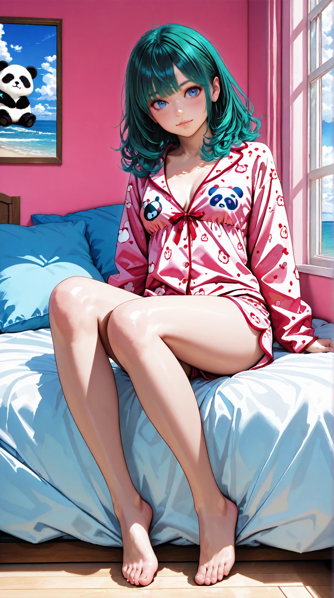  a beautiful young Japanese girl .
 green hair, gigante, curly, sprayed . 
 crystal blue eyes . 
 Small and pointy breasts .
 long thin legs .
 Wearing silk pajamas , pink color, panda print , button down blouse, short shorts.
 She is in her bedroom lying on the bed reclining .
 Her room is geeky style .
 In the background of the window you can see a beach far away and the sunset is very dark.
 full body. 
(anime style 32K, HDR, UHD, intricate detail, extremely intricate detail, hyperrealistic, extremely realistic, high quality, vivid color, extremely detailed).