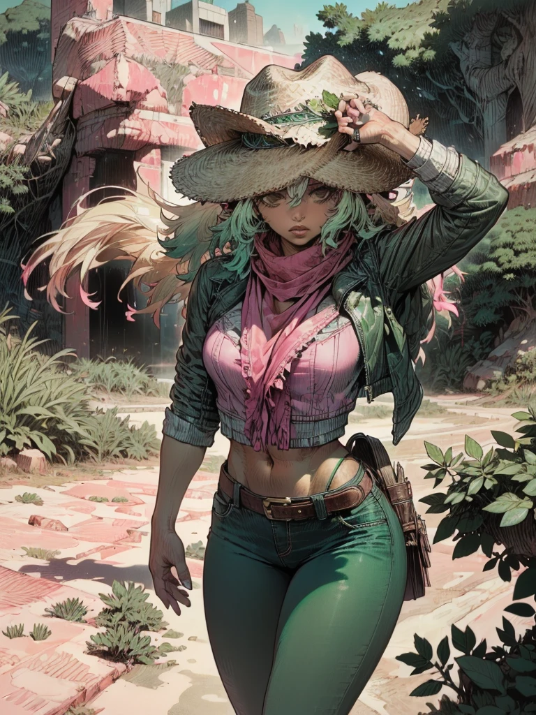  Best possible quality , 8k ultra resolution, stunning illustration ,  Best of all  , awarded, how to be the best,  Cowboy hat leather belt with buckle , Weapons in every hand,  action pose Adds effect at the end ., pink leather jacket,  neck length scarf , Pink sunglasses :1.3,  light denim pants ripped and frayed, ((rosa, Cian, brown, greens ,white cores: 1.5)),   epic desert scenery  : 1.5,  photorealistic : 1.4, skin texture: 1.4, Super Obra-Prima,  super detailed, hyper detailed, 32K