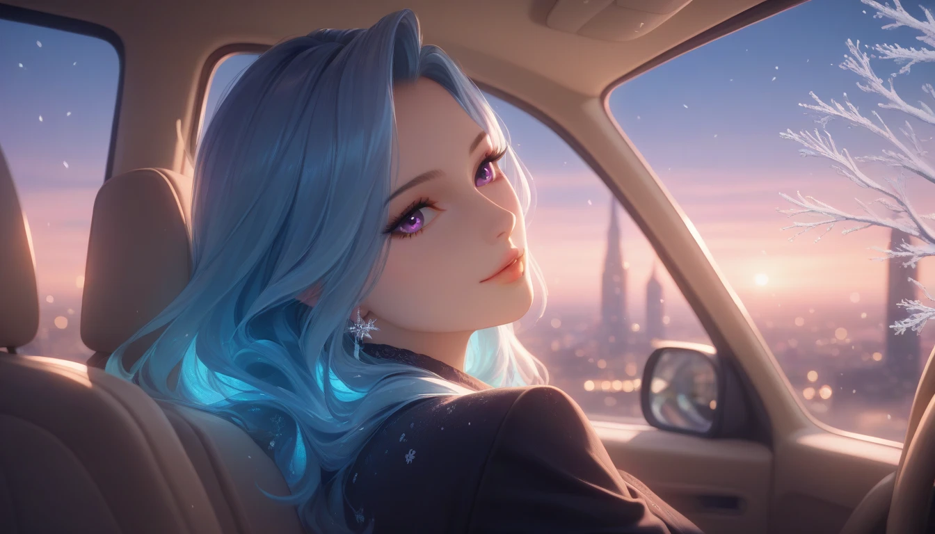 "An anime-style woman with captivating violet eyes and flowing pastel blue hair sits inside a standard car, viewed from a side angle. She wears an elegant all-black outfit that complements her professional yet cozy appearance. The interior of the car is warm and inviting, contrasting the snowy cityscape visible through the windows. Outside, a twilight sky painted in hues of purple and orange sets a serene backdrop, with soft snowflakes gently falling. Her calm expression and composed demeanor add to the tranquil atmosphere, while the intricate details of her outfit and features highlight her aesthetic charm. The scene is rendered in vibrant colors, cinematic 16:9 composition, and enhanced by dramatic lighting and precise details. The artwork blends moody, epic vibes with warm tones, incorporating bokeh effects, subtle film grain, and 8K resolution, creating a stunning and highly aesthetic masterpiece."

