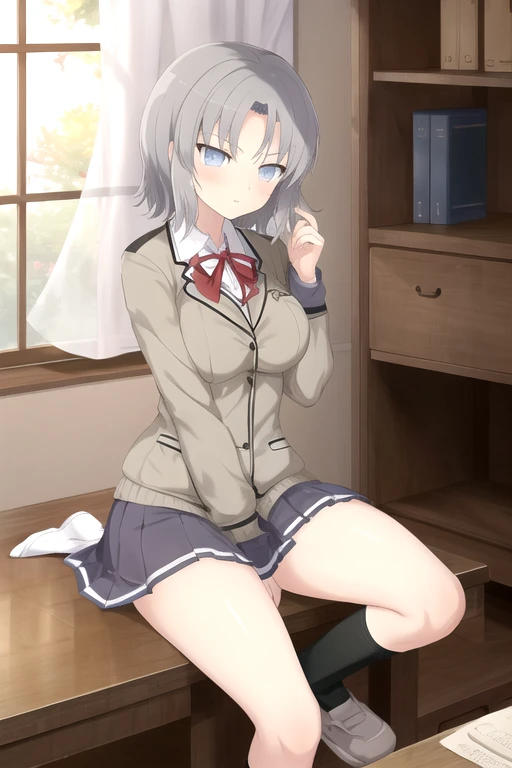 1girl, Green Eyes, Grey Hair, hair ornaments, Animal ears, Small breasts,uniform,Navy Blue Blazer,White shirt,Pink ribbon,Grey Skirt,No underwear,{{1 Boy,Crotch to mouth,Cunnilingus,pussy juice,}},