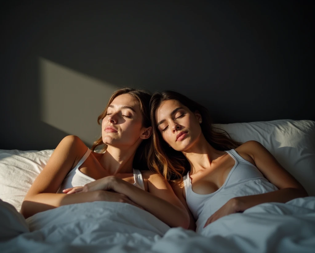 Two well-built European women. Closed eyes, They sleep on the bed. The background of the scene is the interior of a modern and fashionable dark gray bedroom illuminated by the light of the morning sun, which creates interesting light reflections and chiaroscuro. The bokeh effect adds charm to the whole, creating a specific atmosphere of intimacy and peace.