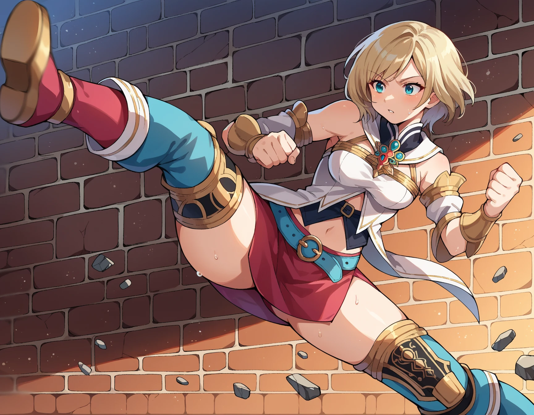 score_9, score_8_up, score_7_up, source_anime,
asheliabnargindalmasca, ashelia b nargin dalmasca, aqua eyes, blonde hair, blue eyes, short hair,high kick
belt, brooch, detached sleeves, dress, jewelry, midriff, miniskirt, skirt, thighhighs, turtleneck, raise one's legs high, an obstacle that can be kicked up, spinning kick, kick a brick, crushing bricks, flying bricks, flying stones, breaking, breaking bricks, impact, sweating, wall being crushed, wall with holes