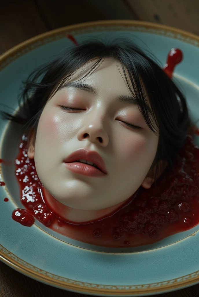   place the head of a decapitated woman , Asia,  Less blood stains   , ((  with eyes closed )),   like a dish on a plate  , Bloody,  actual , 4K, Nikon, fear