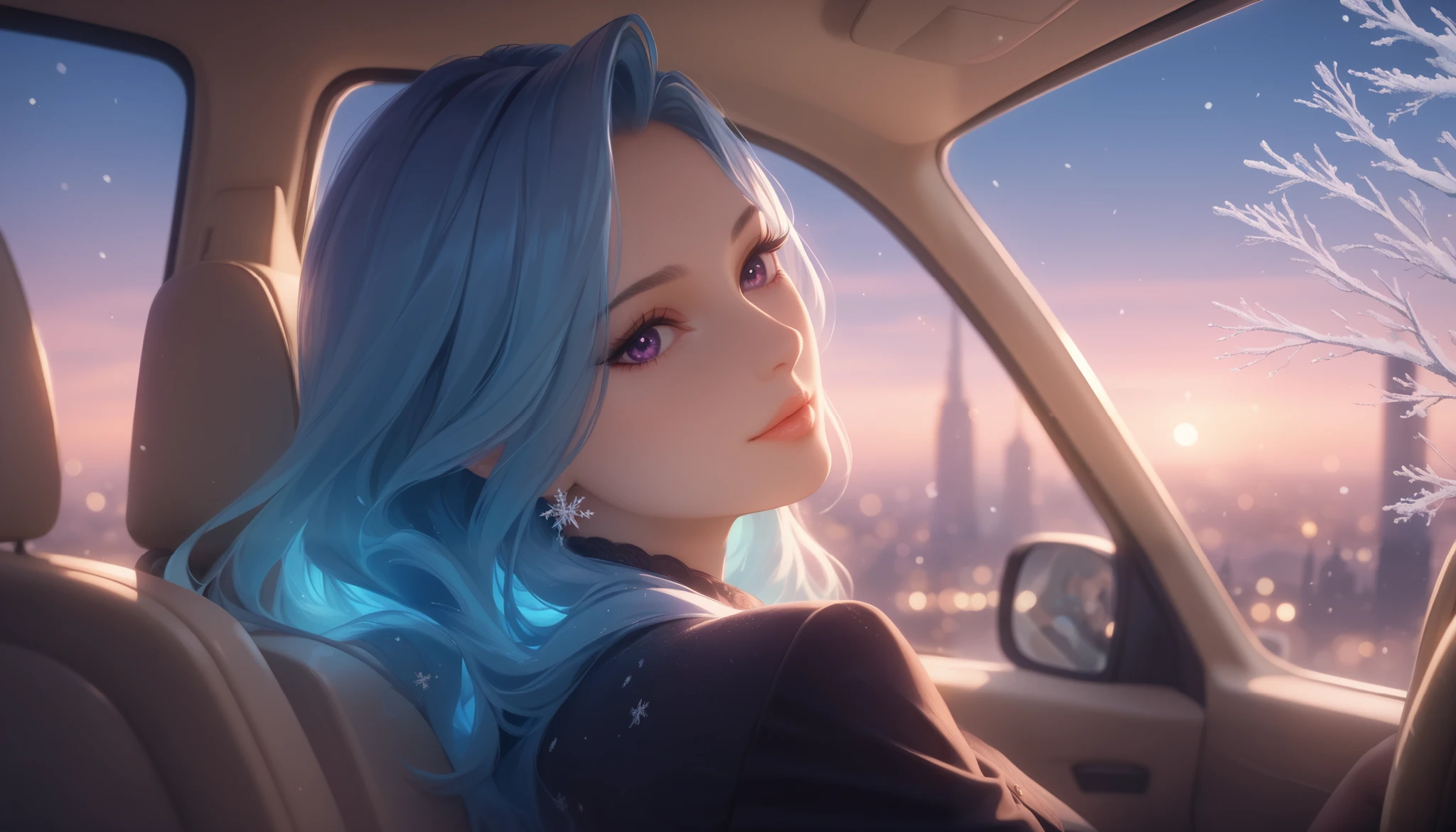 "An anime-style woman with captivating violet eyes and flowing pastel blue hair sits inside a standard car, viewed from a side angle. She wears an elegant all-black outfit that complements her professional yet cozy appearance. The interior of the car is warm and inviting, contrasting the snowy cityscape visible through the windows. Outside, a twilight sky painted in hues of purple and orange sets a serene backdrop, with soft snowflakes gently falling. Her calm expression and composed demeanor add to the tranquil atmosphere, while the intricate details of her outfit and features highlight her aesthetic charm. The scene is rendered in vibrant colors, cinematic 16:9 composition, and enhanced by dramatic lighting and precise details. The artwork blends moody, epic vibes with warm tones, incorporating bokeh effects, subtle film grain, and 8K resolution, creating a stunning and highly aesthetic masterpiece."