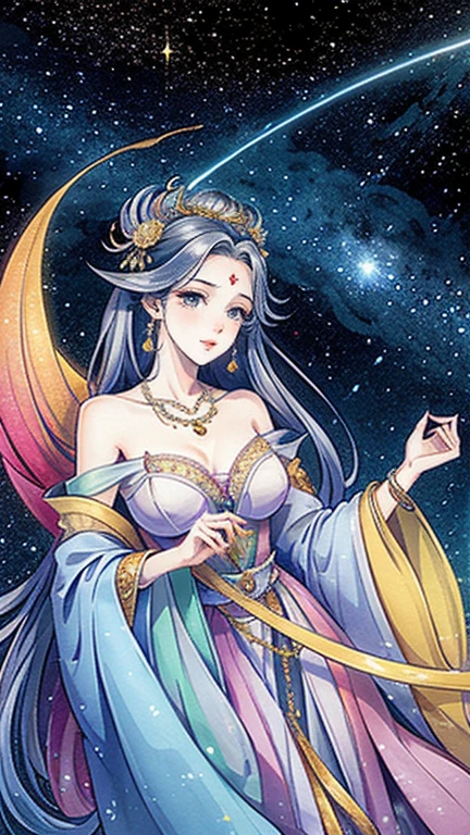 （Masterpiece， best quality ， High Resolution , Unity8k wallpaper,  Official Art), ( one beautiful girl ),  colorful ,  detailed illustration art ,  very detailed， big breasts in okunai, (Intertwined, Datura stramonium, Tangle), goddess,  white lace dress,  Silver Tiara ,  necklace,  earrings,  gold bracelet,   off shoulder ,   Look at Me and Laugh , Sacred Light,  like a painting , flash drawing， bright color, Perfect Magic,  Fantasy World , background, star雲, star,  Milky Way,  detailed digital art , 