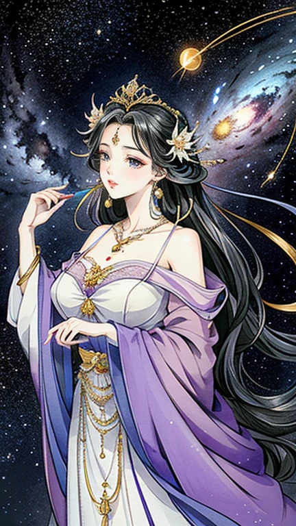 （Masterpiece， best quality ， High Resolution , Unity8k wallpaper,  Official Art), ( one beautiful girl ),  colorful ,  detailed illustration art ,  very detailed， big breasts in okunai, (Intertwined, Datura stramonium, Tangle), goddess,  white lace dress,  Silver Tiara ,  necklace,  earrings,  gold bracelet,   off shoulder ,   Look at Me and Laugh , Sacred Light,  like a painting , flash drawing， bright color, Perfect Magic,  Fantasy World , background, star雲, star,  Milky Way,  detailed digital art , 