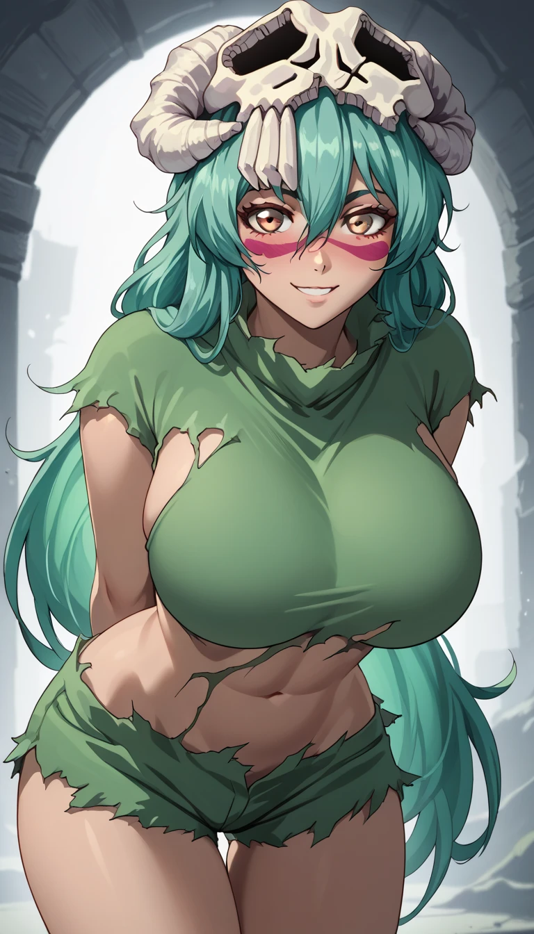 nelliel_you_odelschwanck,  facial mark ,   long hair, skull,  green hair,  big breasts,   of hair between the eyes,
  torn clothes , short top, shorts,
standing,  hands behind your back ,  leaning forward,  looking at the viewer, to smile,  with your mouth shut, Blush,  without clothes, new,  exposed body,  without clothes, naked, sample body