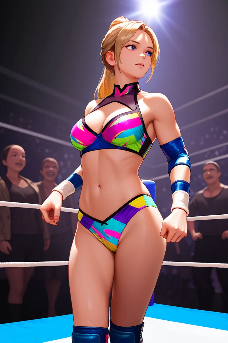 <lora:doa_tina:0.7> tina, wrestling ring, black bikini top, shorts, posing, stage lighting, beautiful, masterpiece, blonde hair