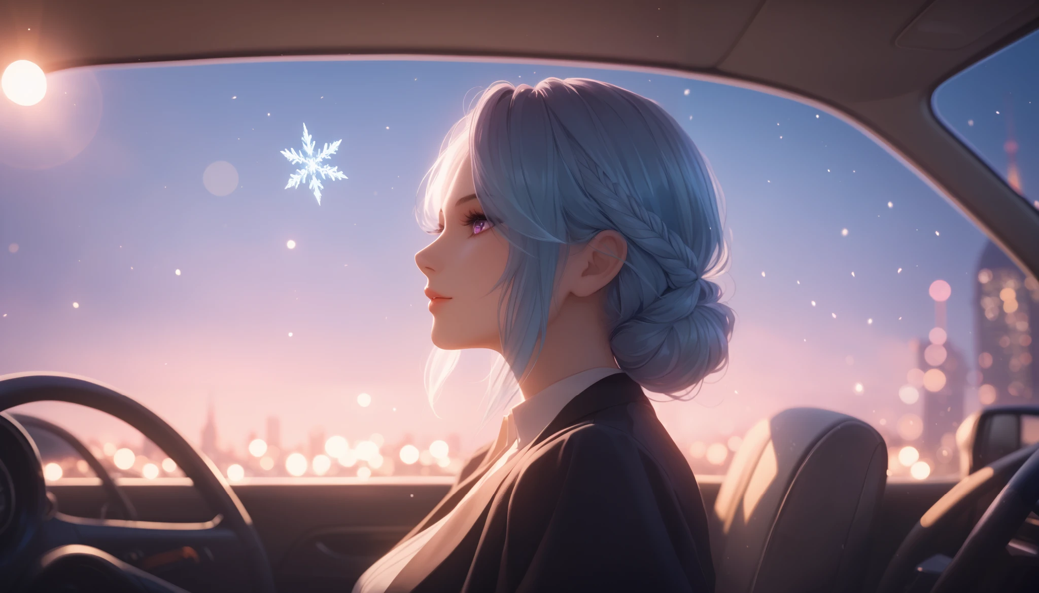 "An anime-style woman with captivating violet eyes and flowing pastel blue hair sits inside a standard car, viewed from a side angle. She wears an elegant all-black outfit that complements her professional yet cozy appearance. The interior of the car is warm and inviting, contrasting the snowy cityscape visible through the windows. Outside, a twilight sky painted in hues of purple and orange sets a serene backdrop, with soft snowflakes gently falling. Her calm expression and composed demeanor add to the tranquil atmosphere, while the intricate details of her outfit and features highlight her aesthetic charm. The scene is rendered in vibrant colors, cinematic 16:9 composition, and enhanced by dramatic lighting and precise details. The artwork blends moody, epic vibes with warm tones, incorporating bokeh effects, subtle film grain, and 8K resolution, creating a stunning and highly aesthetic masterpiece."

