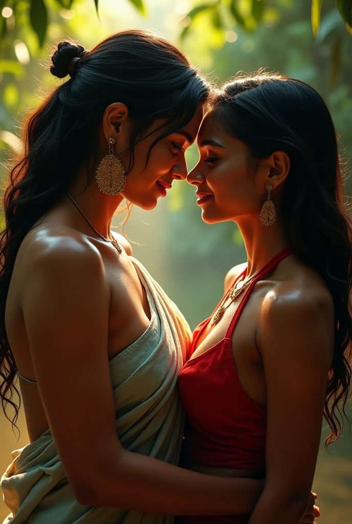 Indian girl (Front facing) with big boobs kissing and holding hands with another indian girl (Back facing) with big butts