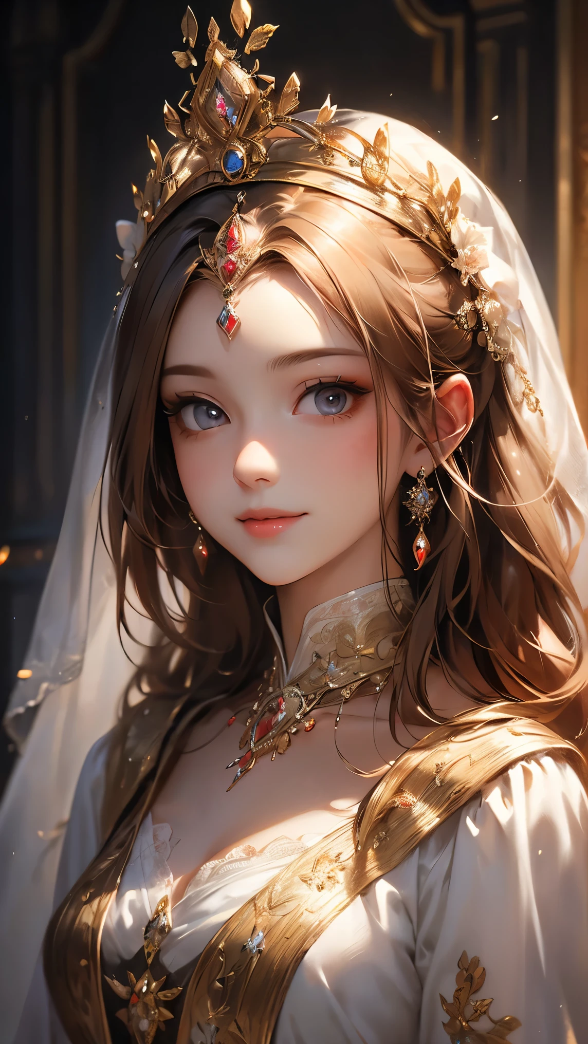 (( best quality )),( ultra high definition),( more details),( detailed explanation ),(( best CG )),( BEST WORK OF ART ), Ultra Precision Art, amazing painting art,(Exquisite art:1.5), woman, surrealism , Splendid, beauty, smile, tiara ,