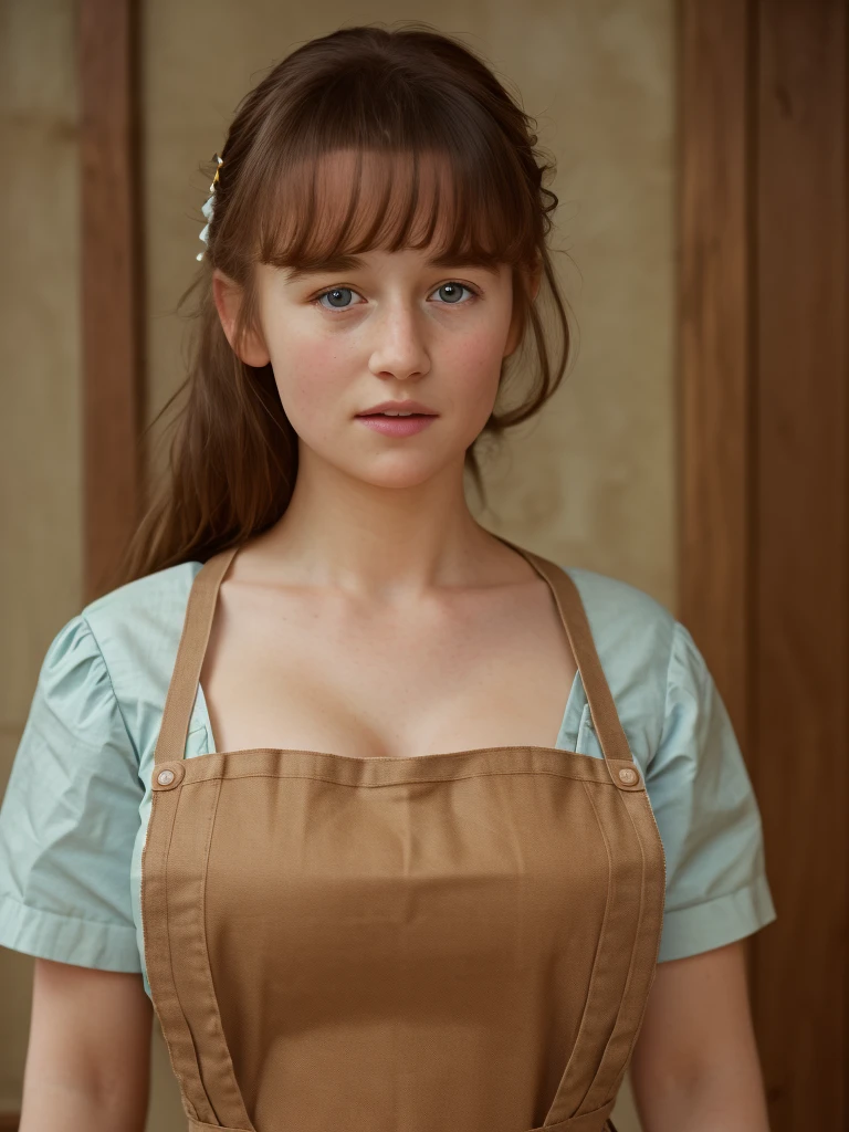 In the bustling kitchen of a countryside manor in the 1880s, a thirteen-year-old white girl with auburn curls, wearing a frilly apron, excitedly stirs a pot of bubbling jam, surrounded by shelves laden with preserves and antique kitchenware.