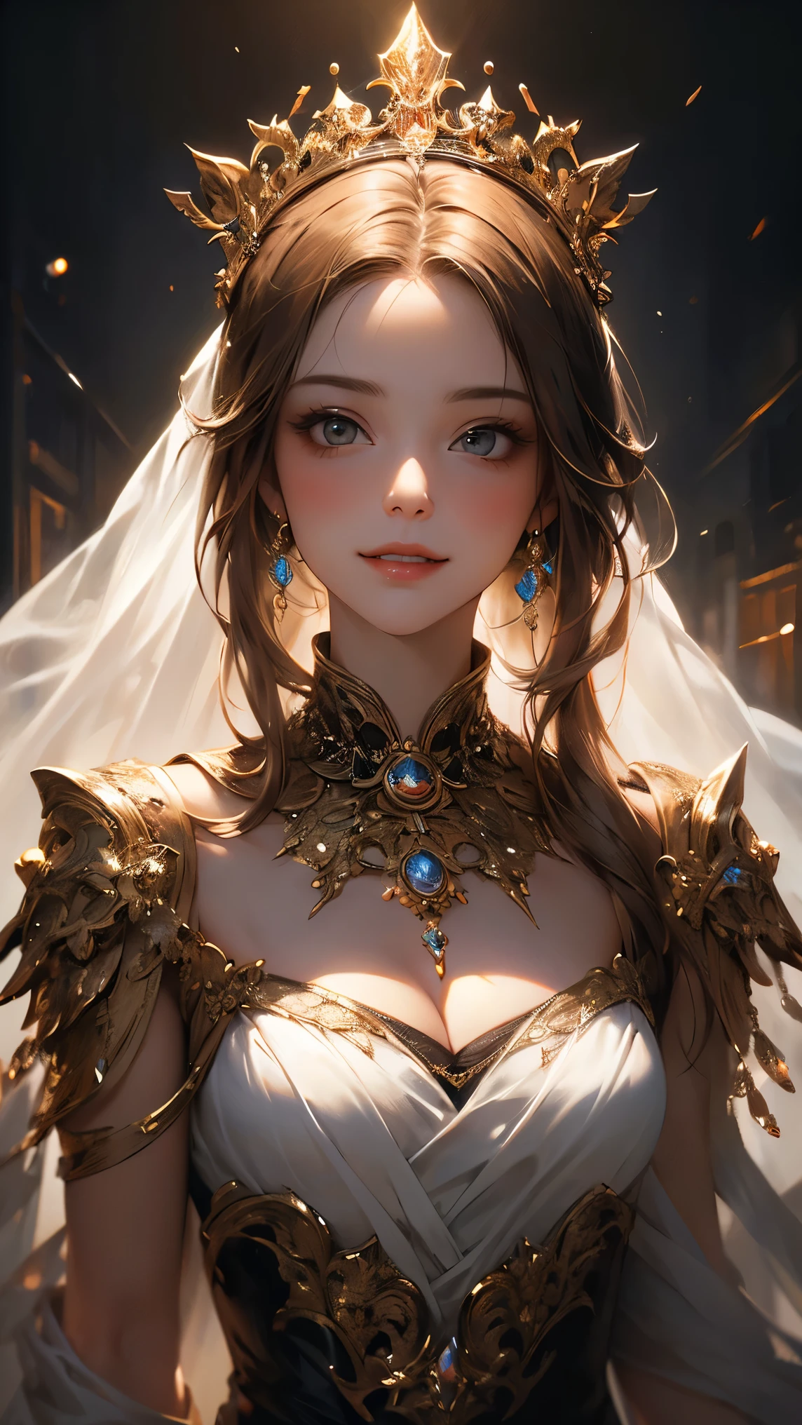 (( best quality )),( ultra high definition),( more details),( detailed explanation ),(( best CG )),( BEST WORK OF ART ), Ultra Precision Art, amazing painting art,(Exquisite art:1.5), woman, surrealism , Splendid, beauty, smile, tiara ,