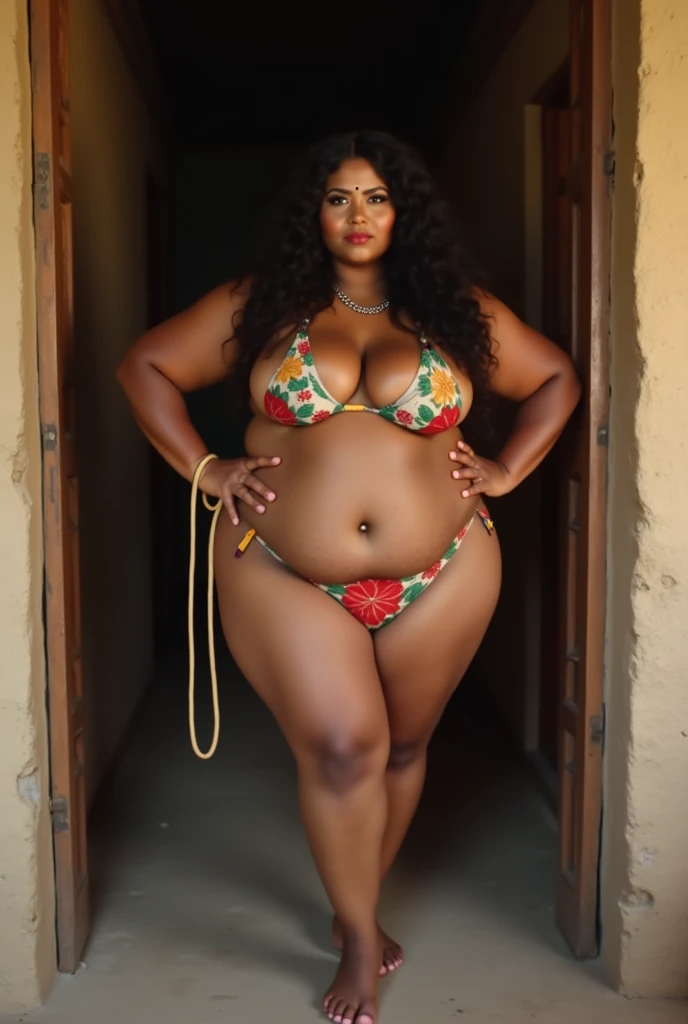 Plus size model woman is obese and fat with a lot of fat on her belly and buttocks, she has gained weight by eating too much, she is obese with a very large belly, her belly and buttocks are bulging and covered with a lot of fat and she is sweating a lot, she is a sumo wrestler wearing a colorful bikini swimsuit and going into a sauna, sweating a lot, 4K quality