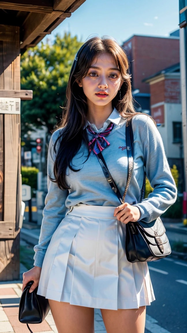 a beautiful 18 year old Japanese high school girl with perfect anatomy, healthy thighs, beautiful legs, beautiful skin, random hair color and style, large breasts, (wearing a Japanese schoolgirl uniform:1.3), (she is standing:1.2), penny loafers, holding a student bag, full body shot, standing on a city street, (best quality,4k,8k,highres,masterpiece:1.3),(extremely detailed:1.2), photorealistic, ultra-detailed, vivid colors, studio lighting, professional, jihyotwicelora