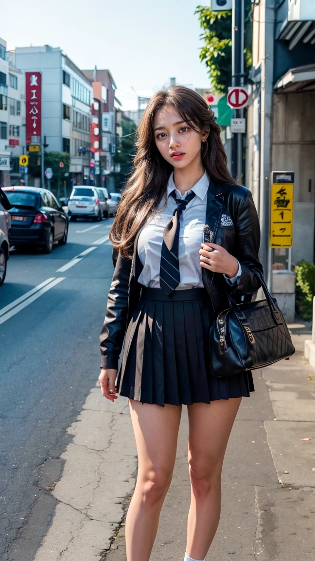 a beautiful 18 year old Japanese high school girl with perfect anatomy, healthy thighs, beautiful legs, beautiful skin, random hair color and style, large breasts, (wearing a Japanese schoolgirl uniform:1.3), (she is standing:1.2), penny loafers, holding a student bag, full body shot, standing on a city street, (best quality,4k,8k,highres,masterpiece:1.3),(extremely detailed:1.2), photorealistic, ultra-detailed, vivid colors, studio lighting, professional, jihyotwicelora