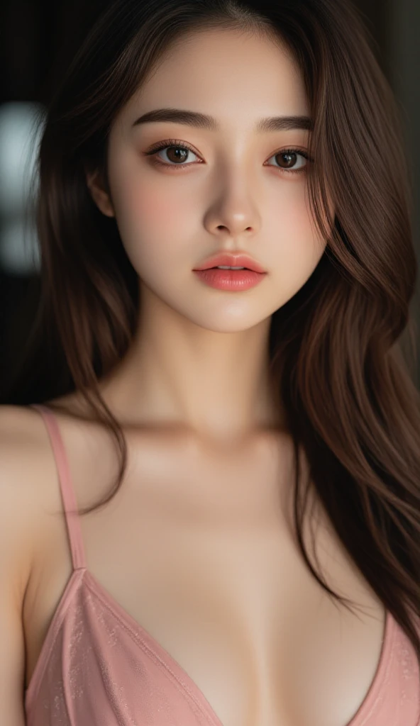 masterpiece, best quality, RAW photos, high resolution, hyper-detailing, Focus on the face, looking at viewer, Detailed eyebrows, realistic beautiful eyes, realistic glossy skin, straight Bangs, realistic movie lighting, detail shaded, high contrast, Slender, big boob, Big breasts, Exposed cleavage, nsfw, Sexy face, Facial expressions when receiving pleasure, ((Dark background)),