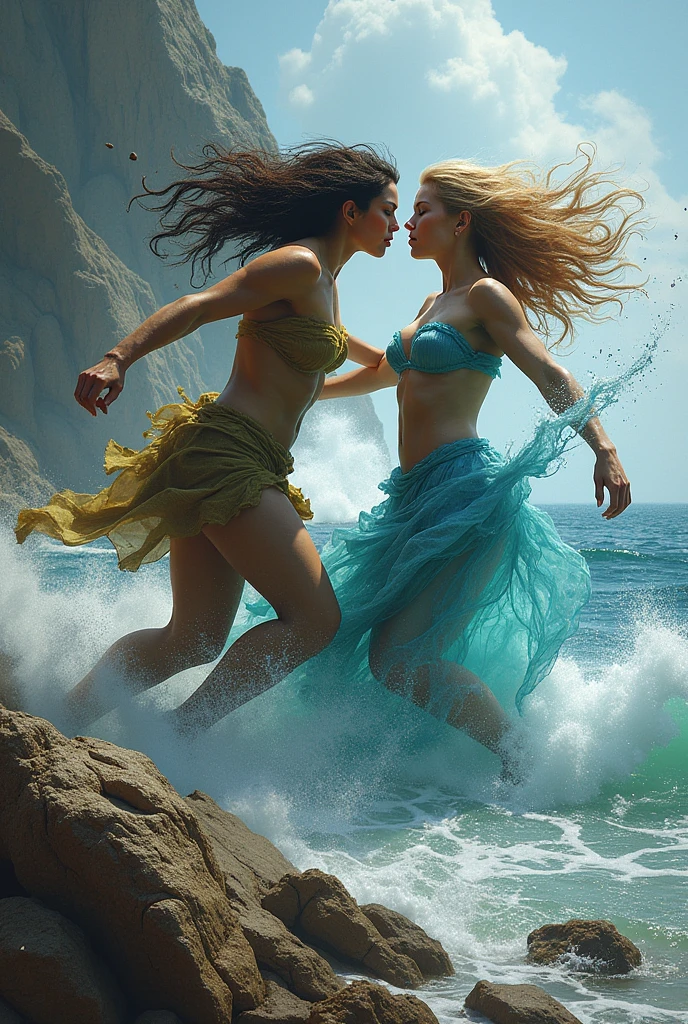 at dusk at golden hour，Huge waves lapping against the rocks，28 years old honey blonde beauty in the sea，Wear soaked transparent print underwear，Stretch your body，She has the beautiful face of Sharon Stone，very detailed eyes and faces, Fair and bare skin is the color of honey，Exudes a confident and playful smile，The areola is faintly visible under the underwear，Navel Exposed, The butt is round and shiny，The ties of the panties slip off， 8k 壁纸，finely detailled，tmasterpiece，best qualtiy，Very detailed ，cinmatic lighting,cocktails，drunk，Asleepiness，Sweat profusely，Slipped shoulder straps，drenched all over the body，Relaxed gesture，Clothes scattered on the ground，trouser，a skirt，pantiess，The lens sees the face from below（tmasterpiece，top-quality，optimum，offcial art，Beautiful and aesthetic，Long exposure：1.2），Smooth movement，Charming Patterns， 1 rapariga，(No cleavage：1.4），（Long skirt with sleeves：1.3），Long blue dress，（little breast：1.2），No shoulders，Adult Russian woman，freckle，Black lob hair， sportrait，独奏，The upper part of the body，Gaze the observer，detailedbackground，Detailed face，(crystallineAI, crystalline theme:1.1)，Elemental Water Elves，Swirl water，Control the water，Diamond clothes，dynamicposes，particles floating，Ethereal power，Eau，vaporous，the ocean in the background，blue tint，shores，Ethereal atmosphere，