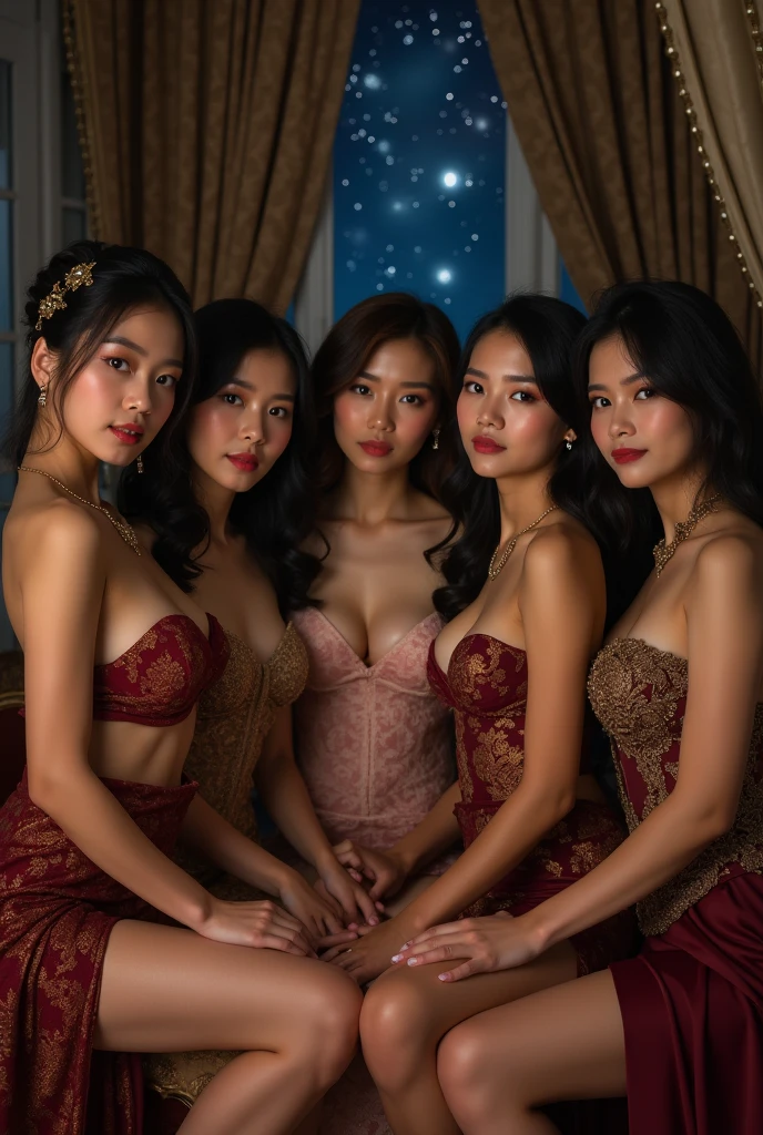 (topless:1.3),Three Girls, length_hair, bright_hair_color, Fascinating_eye, mysterious_Performance, Mature Woman_exterior, glamorous_Costume, Flowing_dress, elegant_jewelry, complicated_Decoration, magic_symbol, Shine_accessories, Portion, Scroll, cute_accent, bow, ribbon, Flowers,A tiny bit of cleavage is visible,sexy