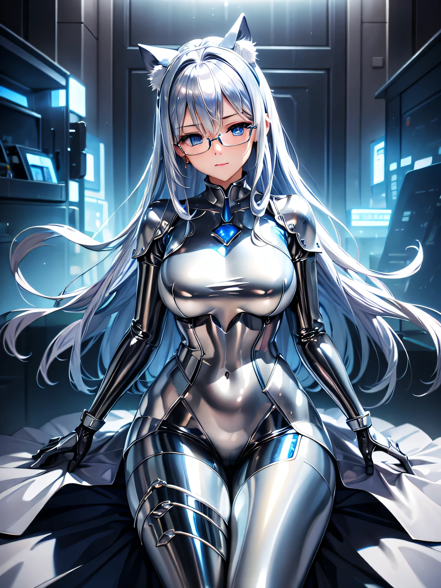 (( top quality)), ((masterpiece)), ( Details), (8k), (UHD), Close-up、 short hair 、 blue eyes、 Silver Hair、Glasses、Spread your legs wide、Full body silver metallic enamel suitを着た美女、Full body silver metallic enamel suit