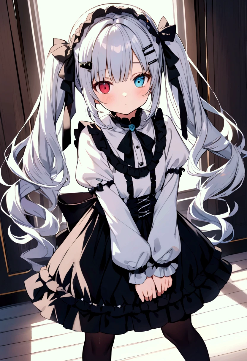 Tabletop, highest quality, (Perfect Face:1.1), (Attention to detail:1.1), (Ultra-detailed eyes),dramatic,Ultra-thin illustration,Very detailed,One Girl,teenager,(Pale skin),Long white hair,Psychic Eyes,Simple eyes,Hollow Eyes,blue eyes,blush,alone,smile,Happy,smile,enjoy, Open your mouth,Pouting,Cinema Lighting,Upper Body,look up,Leaning forward,Long sleeve,Gothic Lolita, Frills,ribbon,Knee-high socks,indoor,night