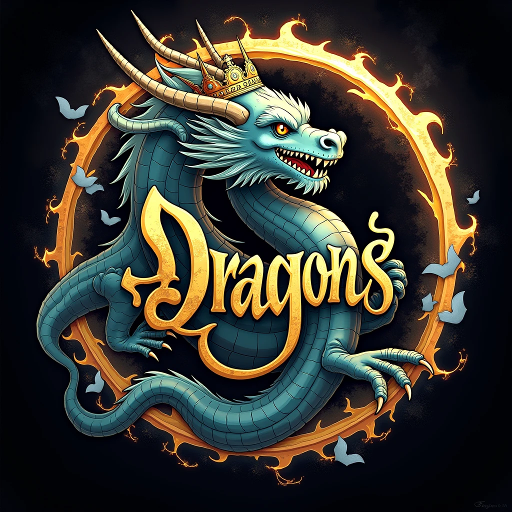 "Design a logo for 'Dragons Forever' that features a majestic dragon in a dynamic pose, surrounded by intricate patterns and glowing elements. The style should be a blend of modern and fantasy, with a color palette of deep blues, fiery oranges, and metallic golds. Include the text 'Dragons Forever' in an elegant, bold font that complements the dragon imagery."