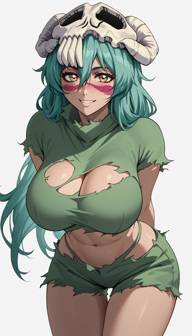 nelliel_you_odelschwanck,  facial mark ,   long hair, skull,  green hair,  big breasts,   of hair between the eyes,
 ripped clothess, short top, shorts,
standing,  hands behind your back ,  leaning forward,  looking at the viewer, to smile,  with your mouth shut, Blush, ripped clothes, NSFW IMAGE, ripped clothes on the breasts, breasts out, breasts out