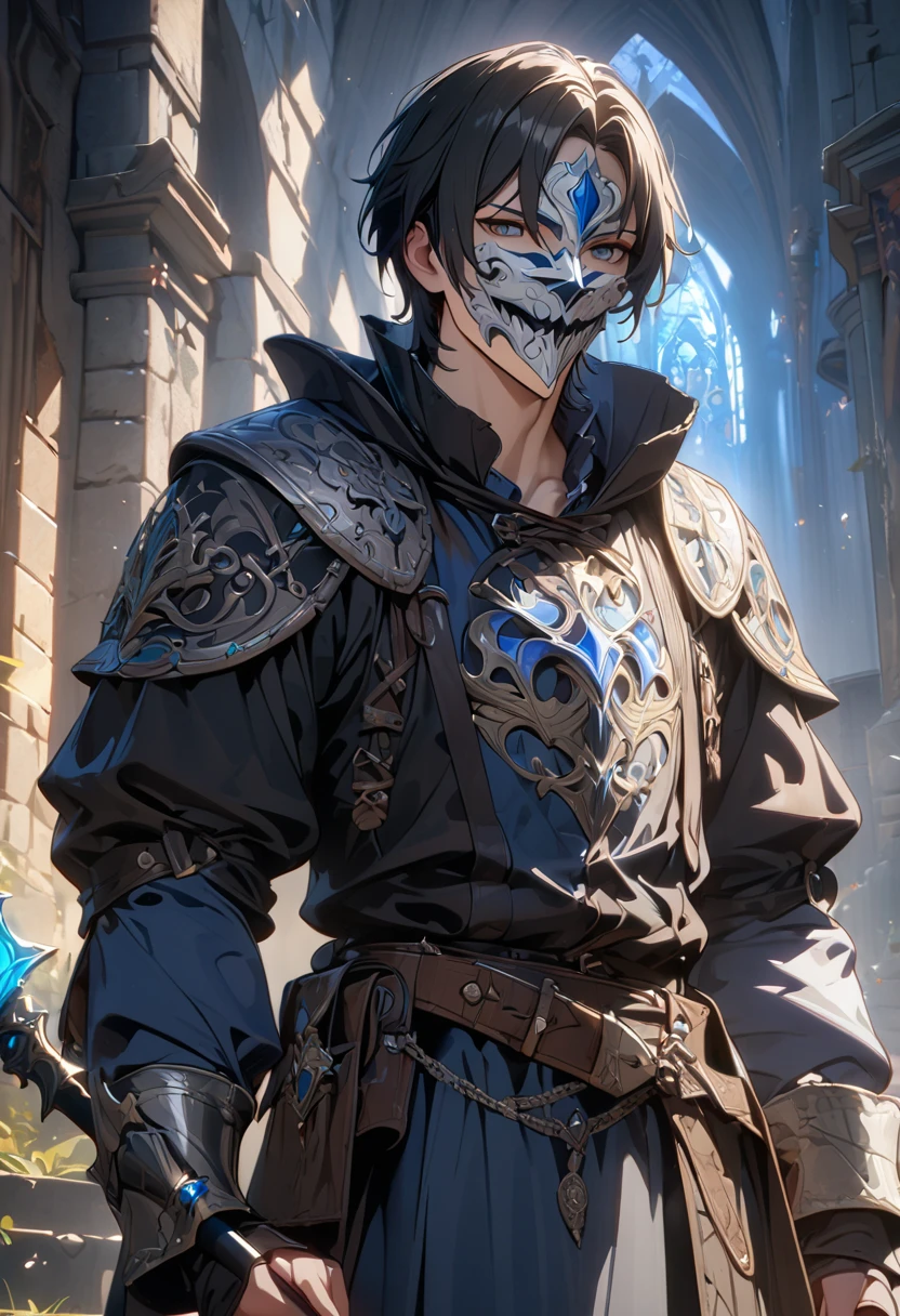 Male, Medieval clothing, black hair, short hair, granite hair, intricate  mask, blue light sword, masterpiece, best quality, Full HD, 8k, extraordinary details, great graphics.