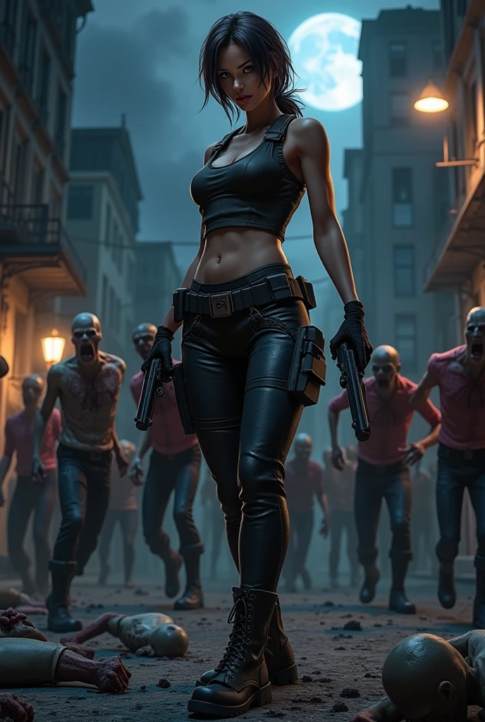Chinese woman like ada wong from resident evil game with high heels fighting zombies with her handgun