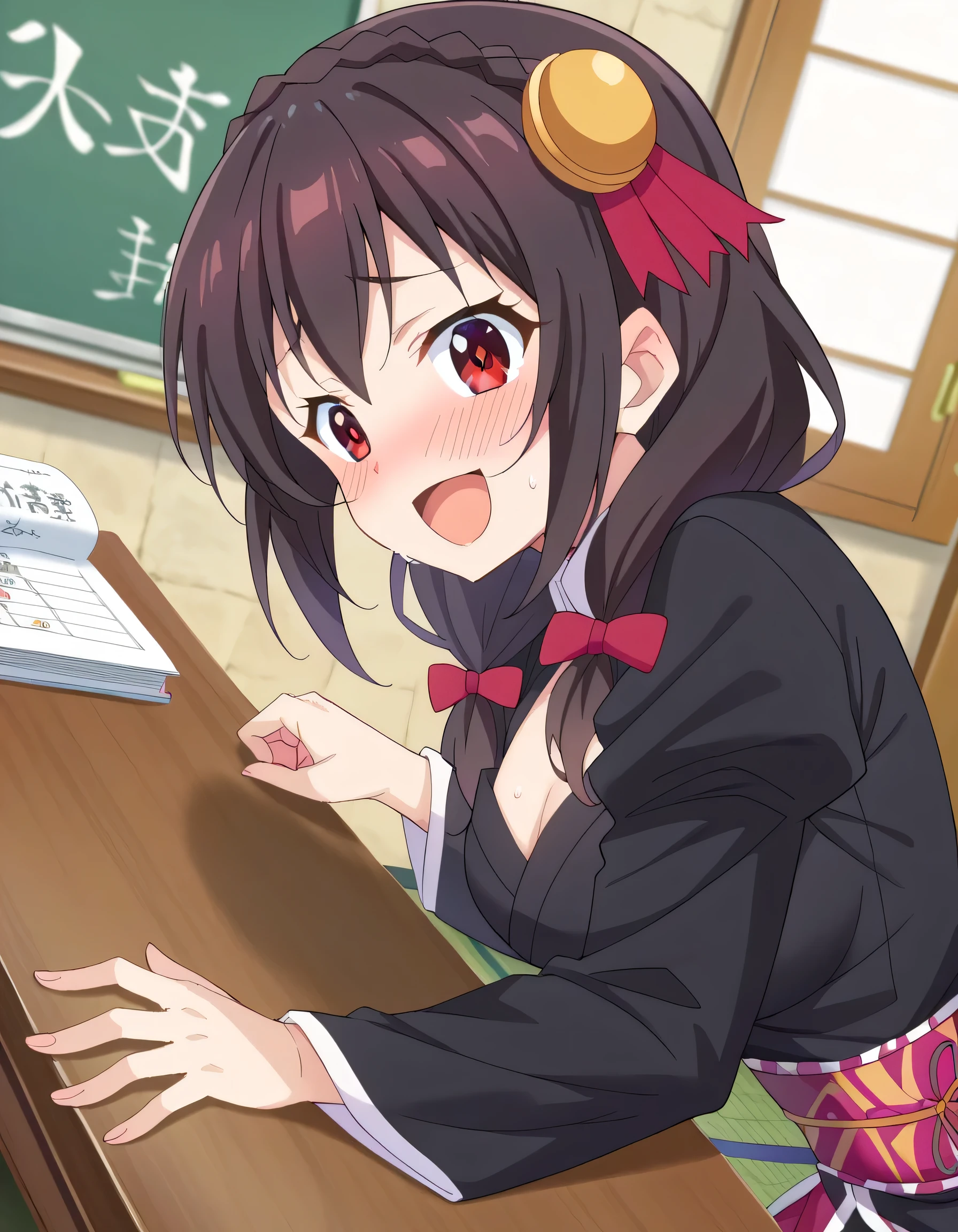 HD, High Quality 、
Yunyun、 black hair, hair accessories, red eyes, , braided , crown braided ,
(Long-sleeved kimono)、 New Year、I'm doing karuta indoors、Alive、 is sweating
(smile)、(blush)、 open your mouth and laugh、(View from above at an angle)、Karuta is on the desk、Seen from the side a little