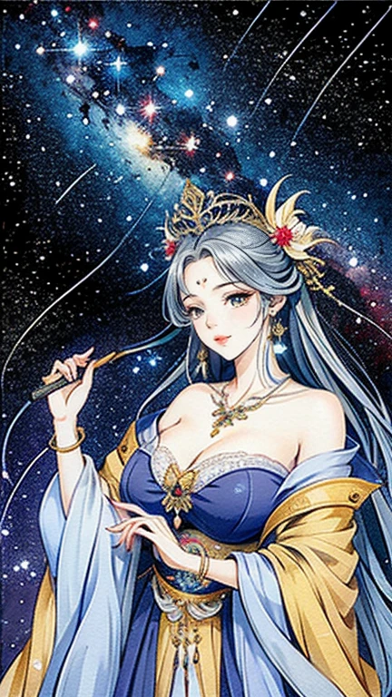 Masterpiece， best quality ， High Resolution ,  ( one beautiful girl ),  colorful ,  detailed illustration art ,  very detailed， big breasts in okunai, (Intertwined, Datura stramonium, Tangle), goddess,  white lace dress,  Silver Tiara ,  necklace,  earrings,  gold bracelet,   off shoulder ,   Look at Me and Laugh , Sacred Light,  like a painting , flash drawing， bright color, Perfect Magic,  Fantasy World , background, star雲, star,  Milky Way, 